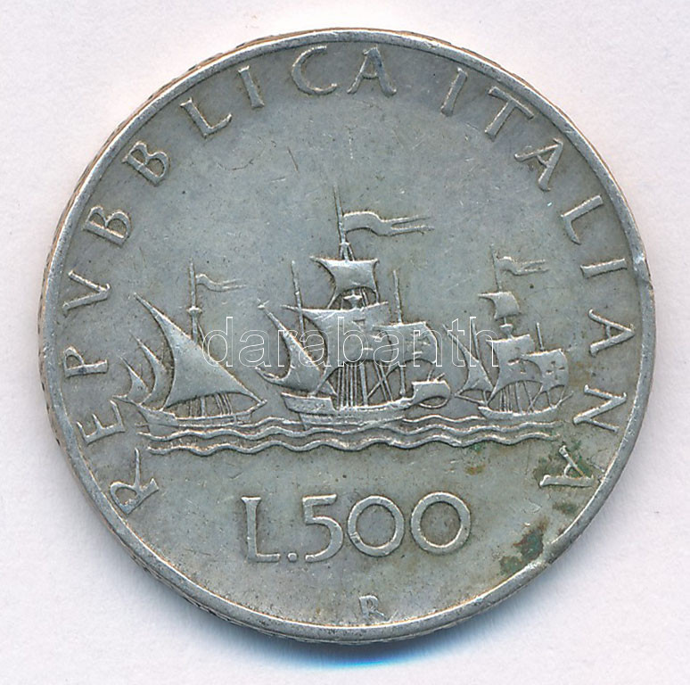 Olaszország 1961R 500L Ag 'Kolumbusz hajói' T:2- patina Italy 1961R 500 Lire Ag 'Columbus' Ships' C:VF patina Krause KM#98
