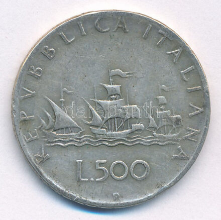 Olaszország 1961R 500L Ag 'Kolumbusz hajói' T:2- patina Italy 1961R 500 Lire Ag 'Columbus' Ships' C:VF patina Krause KM#98