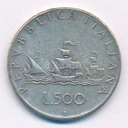 Olaszország 1961R 500L Ag 'Kolumbusz hajói' T:2- patina Italy 1961R 500 Lire Ag 'Columbus' Ships' C:VF patina Krause KM#98
