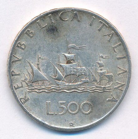 Olaszország 1958R 500L Ag 'Kolumbusz hajói' T:2 patina Italy 1958R 500 Lire Ag 'Columbus' Ships' C:XF patina Krause KM#98