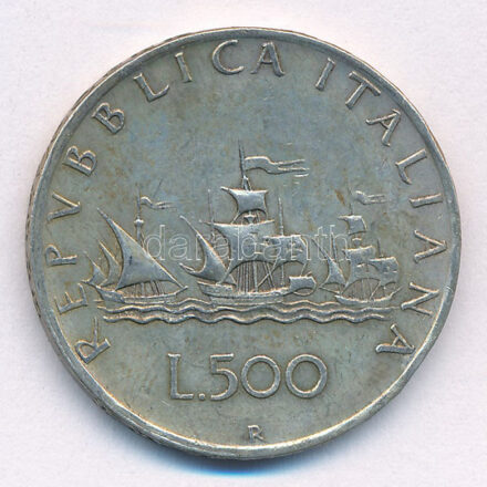 Olaszország 1960R 500L Ag 'Kolumbusz hajói' T:2- patina, ph. Italy 1960R 500 Lire Ag 'Columbus' Ships' C:VF patina, edge error Krause KM#98