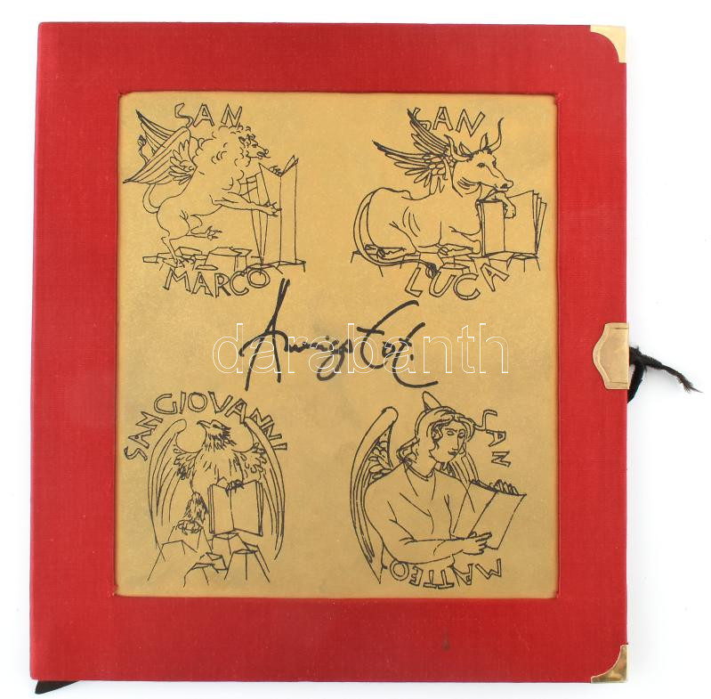 Amerigo Tot (1909-1984): Négy szentek, 1984. 6 db grafika mappában. Ofszet, papír. Jelezve jobbra lent. Kiadói vászonborítású, fém veretekkel díszített mappában. 23,5×21,5 cm. Rendkívül ritka album, gyűjtői darab! / Amerigo Tot