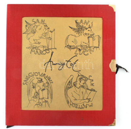 Amerigo Tot (1909-1984): Négy szentek, 1984. 6 db grafika mappában. Ofszet, papír. Jelezve jobbra lent. Kiadói vászonborítású, fém veretekkel díszített mappában. 23,5×21,5 cm. Rendkívül ritka album, gyűjtői darab! / Amerigo Tot