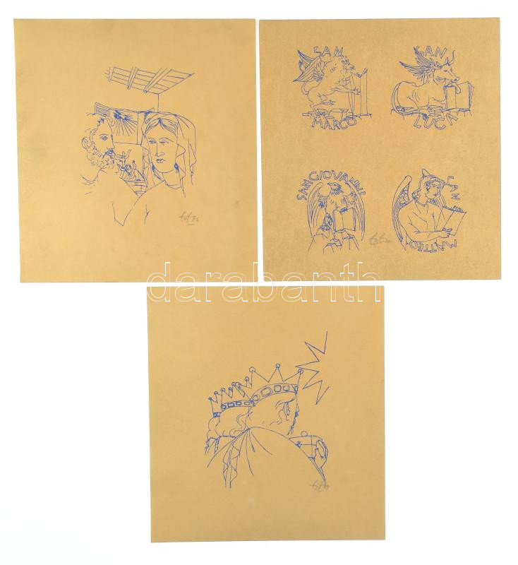 Amerigo Tot (1909-1984): Négy szentek, 1984. 6 db grafika mappában. Ofszet, papír. Jelezve jobbra lent. Kiadói vászonborítású, fém veretekkel díszített mappában. 23,5×21,5 cm. Rendkívül ritka album, gyűjtői darab! / Amerigo Tot - Image 2