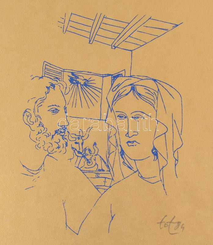 Amerigo Tot (1909-1984): Négy szentek, 1984. 6 db grafika mappában. Ofszet, papír. Jelezve jobbra lent. Kiadói vászonborítású, fém veretekkel díszített mappában. 23,5×21,5 cm. Rendkívül ritka album, gyűjtői darab! / Amerigo Tot - Image 3