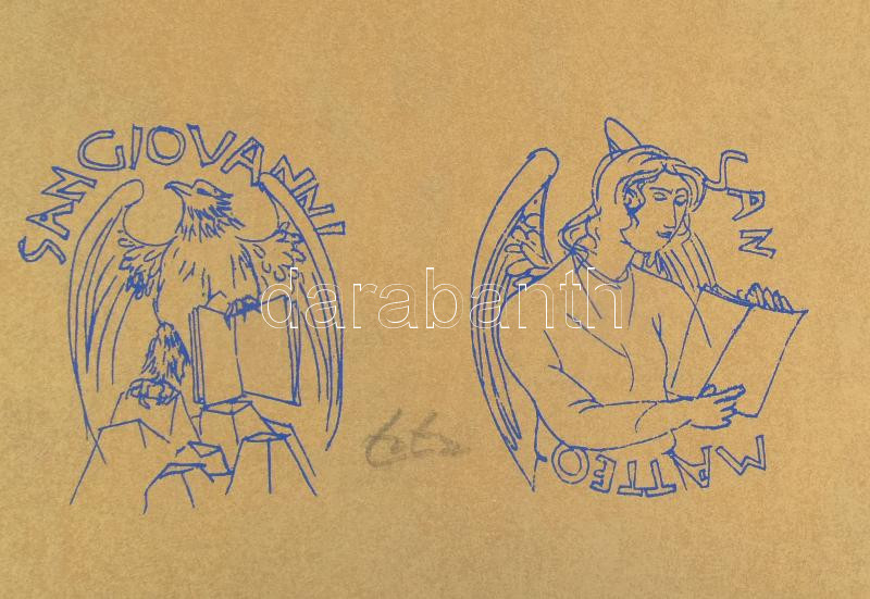 Amerigo Tot (1909-1984): Négy szentek, 1984. 6 db grafika mappában. Ofszet, papír. Jelezve jobbra lent. Kiadói vászonborítású, fém veretekkel díszített mappában. 23,5×21,5 cm. Rendkívül ritka album, gyűjtői darab! / Amerigo Tot - Image 4