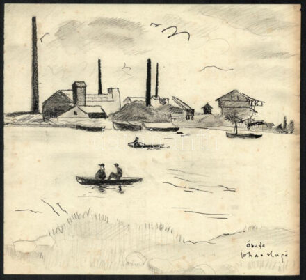 Johan Hugó (1891-1956): Óbuda (Dunaparti részlet). Kréta, ceruza, tus, papír, jelzett. Proveniencia: Johan Hugó hagyatéka. Lapon apró foltokkal. 22,5x25 cm. / Provenance: from the estate of the artist.