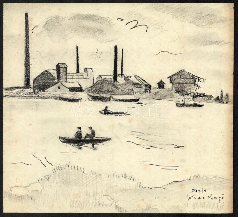 Johan Hugó (1891-1956): Óbuda (Dunaparti részlet). Kréta, ceruza, tus, papír, jelzett. Proveniencia: Johan Hugó hagyatéka. Lapon apró foltokkal. 22,5x25 cm. / Provenance: from the estate of the artist.