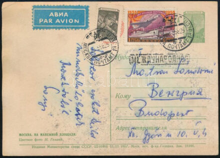 1958 Mátrai Sándor bajnok labdarúgó (FTC) által Mokszvából küldött autográf képeslap / Hungarian olympic champion autograph postcard