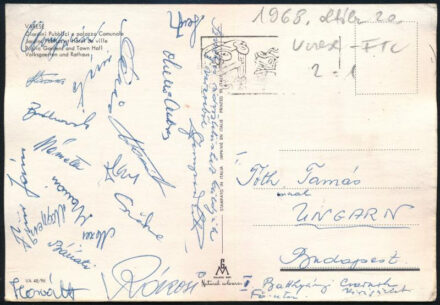 1968 Varese, az FTC labdarúgó csapata által küldött autográf képeslap / Hungarian football team FTC players autograph postcard. Szőke, Bánáti, Németh, Géczi, Horváth Branikovits, Albert, Rákosi