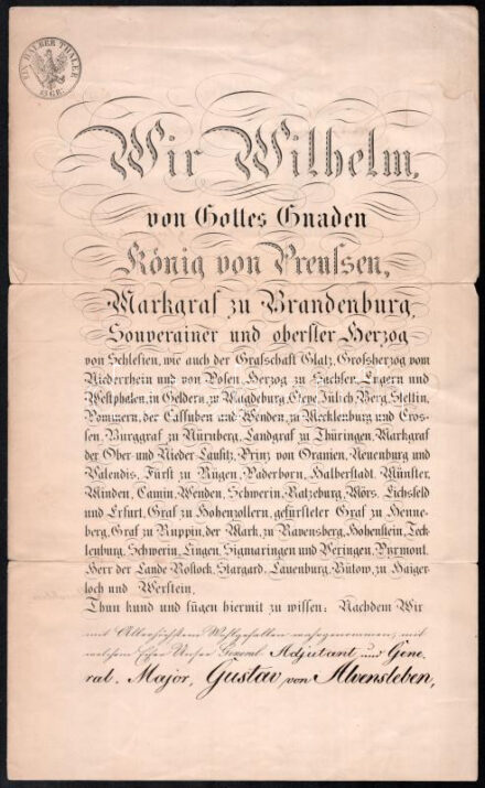 1863 Gustav von Alvensleben (1803-1881) német katona, főadjutánsi kinevezése I. Vilmos (1797-1888) porosz király, majd német császár autográf aláírásával. Szárazpecséttel, szakadásokkal / 1863 General adjutant nominating patent for