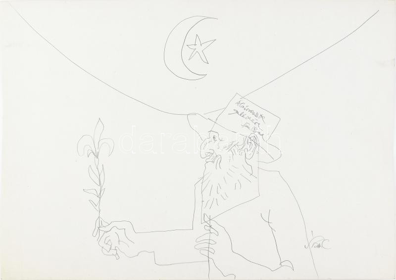 Szász Endre (1926-2003): Varázsló. Ceruza, karton, jelezve jobbra lent, középen Szász Endre autográf ajánlási soraival: 'Aláírások emlékére, Szász Bandi'. 50x70 cm / pencil on board, signed, with autograph dedication