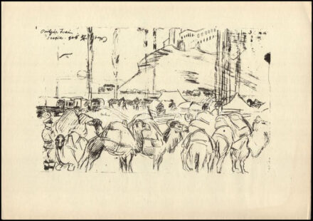 Vaszary János (1867-1939): I. világháborús jelenet tevékkel, 1916. Ofszet, papír, jelzett a nyomaton. 30x42 cm
