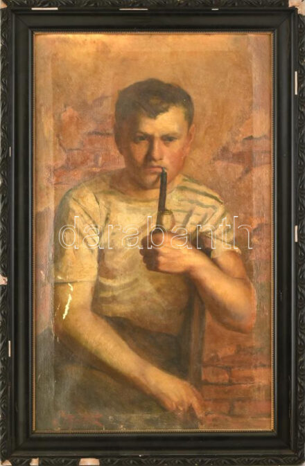 Ľudovít Pitthordt (1860-1946): Pipázó portréja. Olaj, vászon, jelezve balra lent. Sérült. Dekoratív, sérült korabeli fakeretben, keret hátoldalán Hoffmann Ferenc budapesti képkeretező töredékes címkéjével. 73x43 cm / Ľudovít
