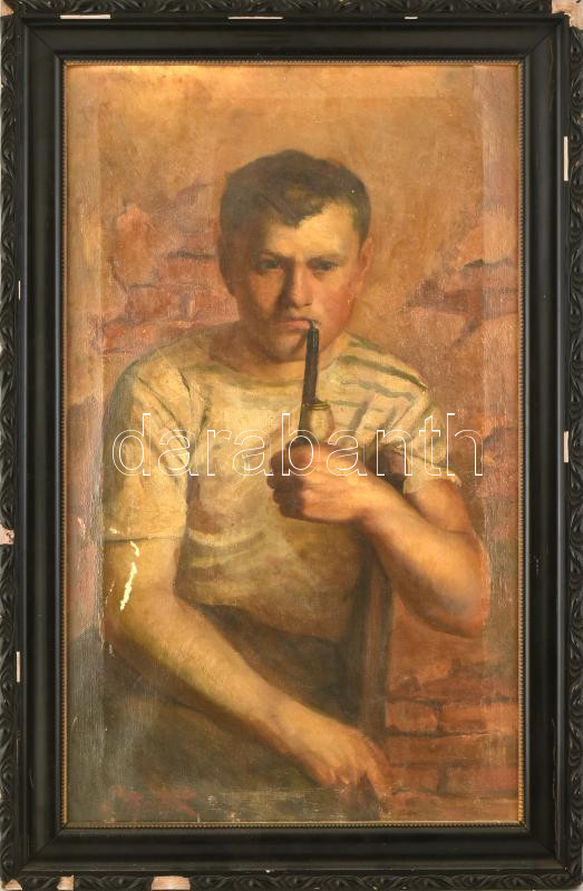 Ľudovít Pitthordt (1860-1946): Pipázó portréja. Olaj, vászon, jelezve balra lent. Sérült. Dekoratív, sérült korabeli fakeretben, keret hátoldalán Hoffmann Ferenc budapesti képkeretező töredékes címkéjével. 73x43 cm / Ľudovít