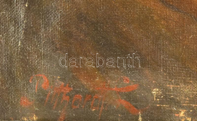 Ľudovít Pitthordt (1860-1946): Pipázó portréja. Olaj, vászon, jelezve balra lent. Sérült. Dekoratív, sérült korabeli fakeretben, keret hátoldalán Hoffmann Ferenc budapesti képkeretező töredékes címkéjével. 73x43 cm / Ľudovít - Image 2