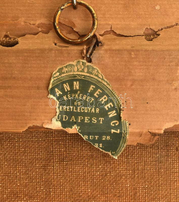 Ľudovít Pitthordt (1860-1946): Pipázó portréja. Olaj, vászon, jelezve balra lent. Sérült. Dekoratív, sérült korabeli fakeretben, keret hátoldalán Hoffmann Ferenc budapesti képkeretező töredékes címkéjével. 73x43 cm / Ľudovít - Image 3