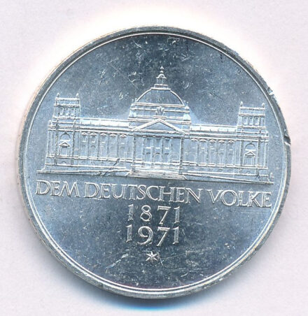 Német Szövetségi Köztársaság 1971G 5M Ag 'A Német Birodalom alapításának 100. évfordulója' T:1- Federal Republic Germany 1971G 5 Mark Ag 'Foundation of German Reich 1871' C:AU Krause KM#128