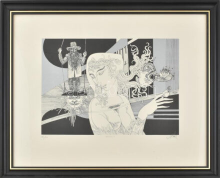 Szász Endre (1926-2003): Hinta II.. Szitanyomat, papír, jelzett, számozott (22/50), üvegezett fakeretben, 29x41,5 cm