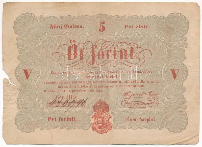 1848. 5Ft 'Kossuth bankó' vörösesbarna nyomat 'HHr. 683945' T:III- beszakadás, anyaghiány Adamo G109