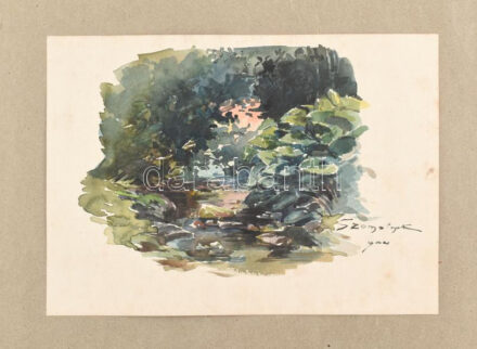 Ócsvár Rezső (1877-1968): Szomolnoki vízpart, 1904. Akvarell, papír, jelzés nélkül, Ócsvár Rezső autográf datálásával és helymeghatározásával, 16×22,5 cm. A festő Szomolnokon született 1877-ben! / watercolour on paper,