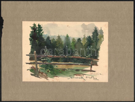 Ócsvár Rezső (1877-1968): Szomolnoki fenyves, 1904. Akvarell, papír, jelzett, kissé foltos, 16×22,5 cm. A festő Szomolnokon született 1877-ben! / watercolour on paper, signed. The painter was born in Smolnik!