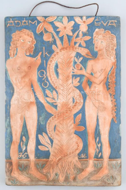 Kovács Margit (1902-1977): Ádám és Éva a kígyóval, 1943. mázas terrakotta, jkl.: KM 1943. Korának megfelelő állapotban. 42 x 29 cm