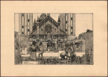 Rékassy Csaba (1937-1989): Szeged - készülődés a szabadtéri játékokra. Rézkarc, papír, jelzett, 19,5x29,5 cm