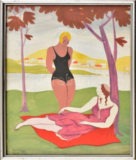 Nemes Török János (1900?-1980): Art deco hölgyek, 1932. Tempera, papír. Jelezve balra lent. Hátoldalán Magyar Nemzeti Galéria kiviteli bélyegzővel. Üvegezett fakeretben. 37x26 cm