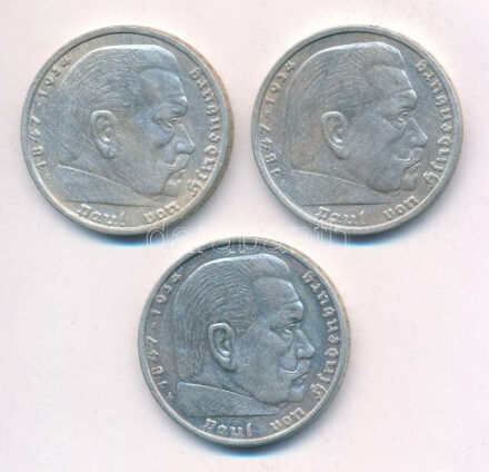 Német Harmadik Birodalom 1935A 5M Ag 'Hindenburg' (3x) T:2 ph. German Third Reich 1935A 5 Mark Ag 'Hindenburg' (3x) C:XF edge error Krause KM#86