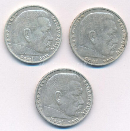 Német Harmadik Birodalom 1936D 5M Ag 'Hindenburg' (3x) T:2 kis patina German Third Reich 1936D 5 Mark Ag 'Hindenburg' (3x) C:XF small patina Krause KM#86