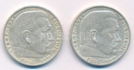 Német Harmadik Birodalom 1936A 5M Ag 'Hindenburg' (2x) T:2 German Third Reich 1936A 5 Mark Ag 'Hindenburg' (2x) C:XF Krause KM#86