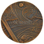 ~1970-1980. 'Betonútépítő' kétoldalas, öntött bronz plakett, eredeti, sérült tokban (100mm) T:1-