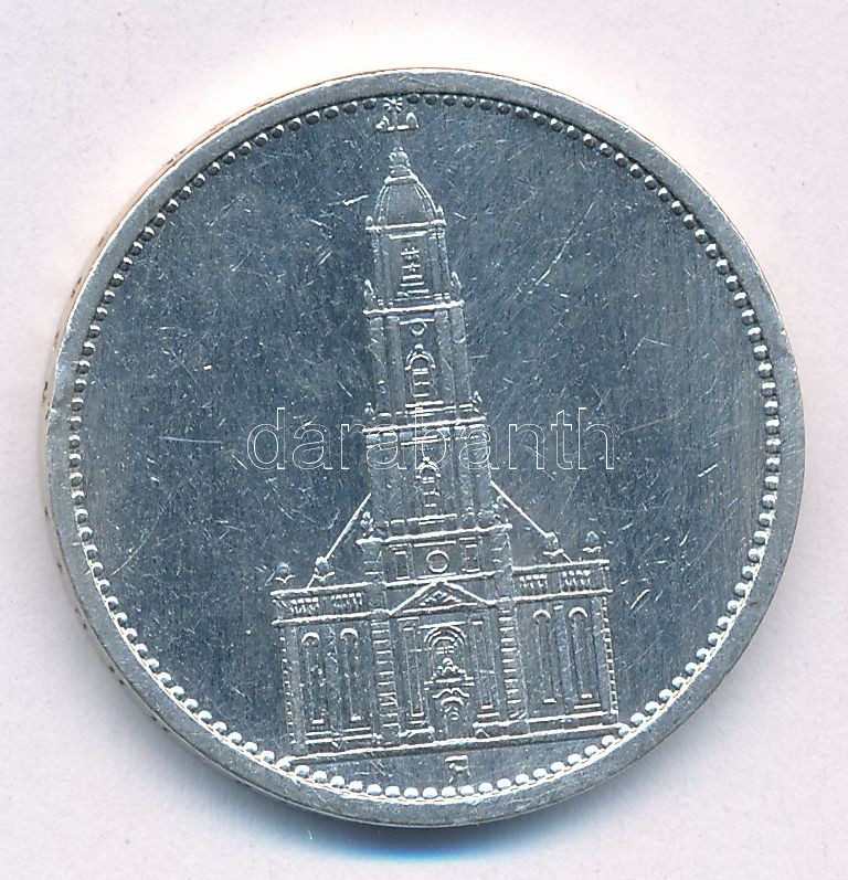 Német Harmadik Birodalom 1935A 5M Ag 'Náci hatalom első évfordulója / Potsdami Garrison templom' T:2 ph. German Third Reich 1935A 5 Mark Ag 'The 1st Anniversary of Nazi rule / Potsdam Garrison Church' C:XF edge error Krause KM#83