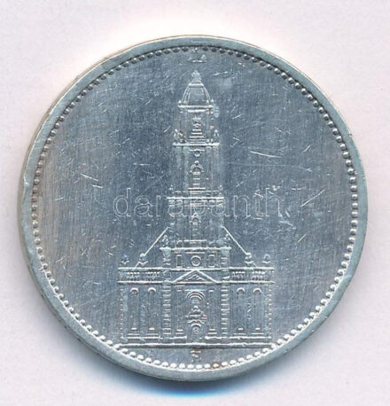 Német Harmadik Birodalom 1935A 5M Ag 'Náci hatalom első évfordulója / Potsdami Garrison templom' T:2 ph. German Third Reich 1935A 5 Mark Ag 'The 1st Anniversary of Nazi rule / Potsdam Garrison Church' C:XF edge error Krause KM#83