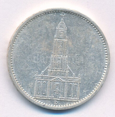 Német Harmadik Birodalom 1935D 5M Ag 'Náci hatalom első évfordulója / Potsdami Garrison templom' T:2,2- German Third Reich 1935D 5 Mark Ag 'The 1st Anniversary of Nazi rule / Potsdam Garrison Church' C:XF,VF Krause KM#83