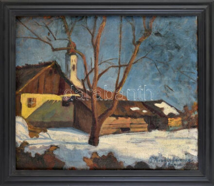 P. Kováts Ferenc (1911-1983): Nagybánya télen. Olaj, vászon, jelezve jobbra lent. Dekoratív fakeretben. 44,5x52,5 cm / Ferenc P. Kováts (1911-1983): Snowy Baia Mare. Oil on canvas, signed lower right. Framed. 44,5x52,5 cm
