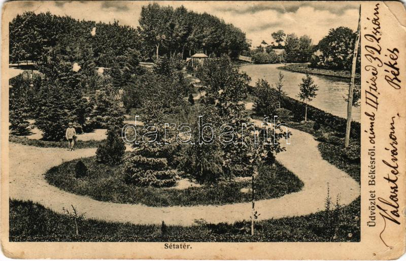 1908 Békés, Sétatér és park. Véver Oszkár kiadása (apró lyukak / tiny pinholes)