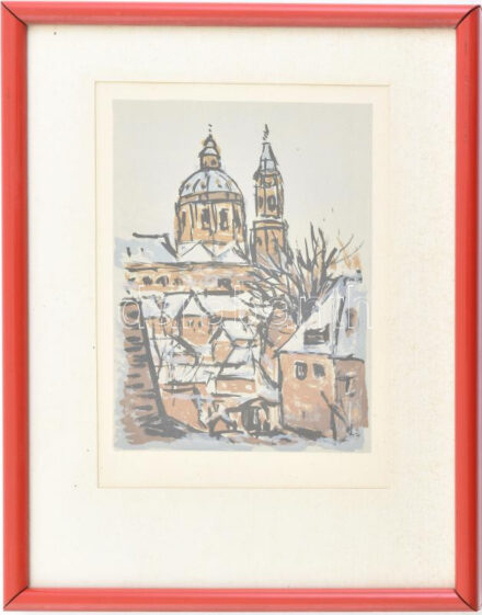 Jelzés nélkül: Prága, Szent Miklós-templom. Linó, papír, üvegezett tűzpiros kitámasztós keretben. 14x10 cm