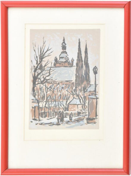 Jelzés nélkül: Városkép. Linó, papír, üvegezett tűzpiros kitámasztós keretben. 14x10 cm