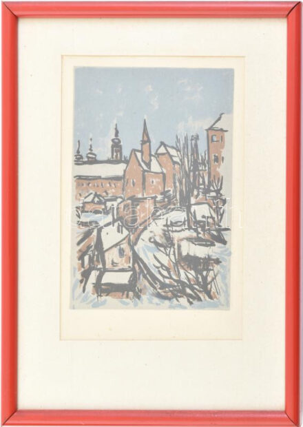 Jelzés nélkül: Városkép. Linó, papír, üvegezett tűzpiros kitámasztós keretben. 14x10 cm