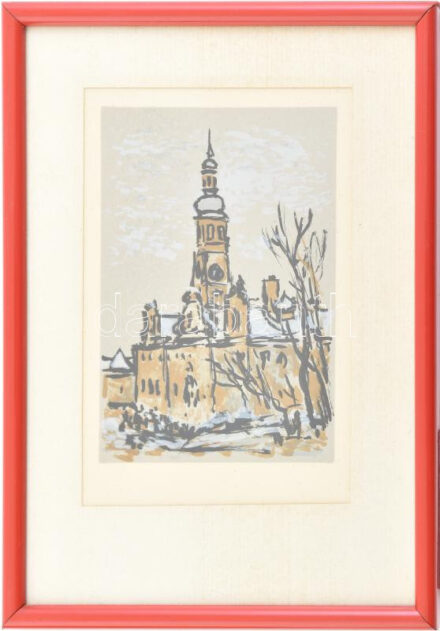Jelzés nélkül: Prága, Loreta. Linó, papír, üvegezett tűzpiros kitámasztós keretben. 14x10 cm