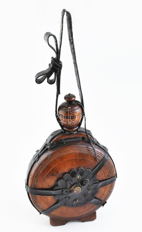 Fa kulacs, bőr akasztóval, régi XX. eleje 50 cm akasztóval