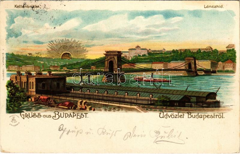 1900 Budapest, Lánchíd. F. Schmuck Art Nouveau, golden litho (EK)
