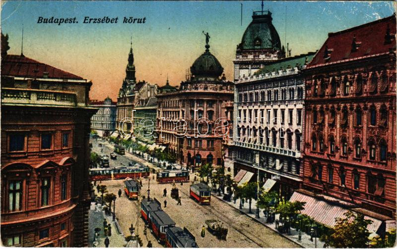 1916 Budapest VIII. Erzsébet körút, villamosok. Vasúti levelezőlapárusítás 1916. Erdélyi udvari fényképész felvétele (EK)