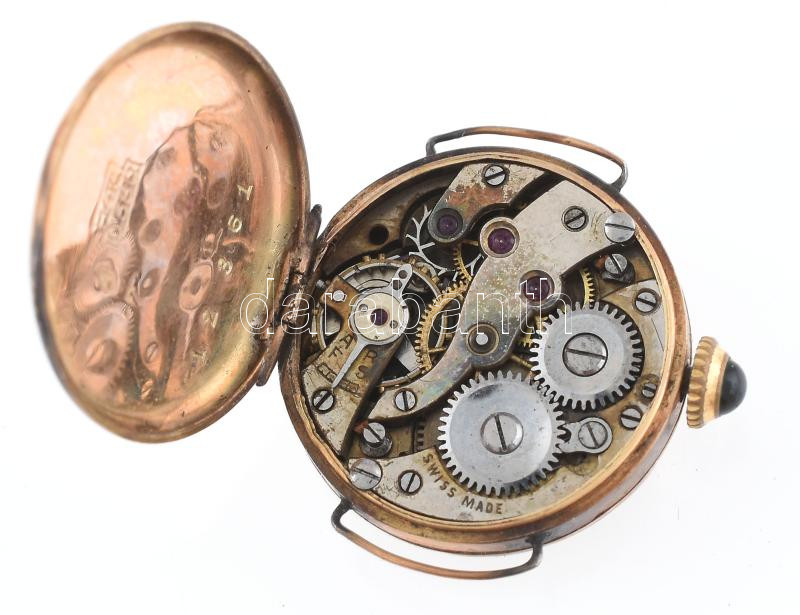 Arany (Au/14k) tokos és szíjas mechanikus karóra, jelzett, sérült, nem jár, bruttó: : 14,5g - Image 4