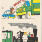 Közlekedési karikatúrák -10 db MODERN motívumos képeslap tokban / Modern postcard series in case with 10 postcards