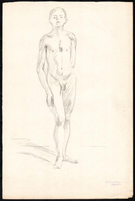 Mattyasovszky-Zsolnay László (1885-1935), kétoldalas mű: Álló férfiakt. Ceruza, papír. Hagyatéki pecséttel. Jobb alsó sarkában apró sérüléssel. 34x21 cm