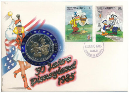 Maldív-szigetek 1985. 'Disneyland 30. évfordulója' fém emlékérem felbélyegzett borítékon, alkalmi bélyegzéssel, német nyelvű leírással T:1- patina Maldives 1985. '30th Anniversary of Disneyland' metal medallion in envelope with