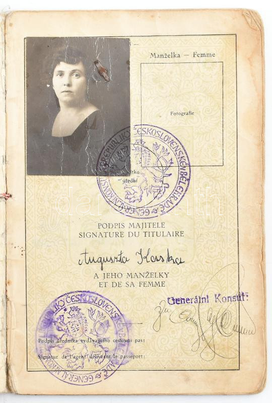 1924-1929 Csehszlovák Köztársaság fényképes útlevele, hölgy részére, számos bejegyzéssel, javított gerinccel, sérült elülső borítóval. - Image 2